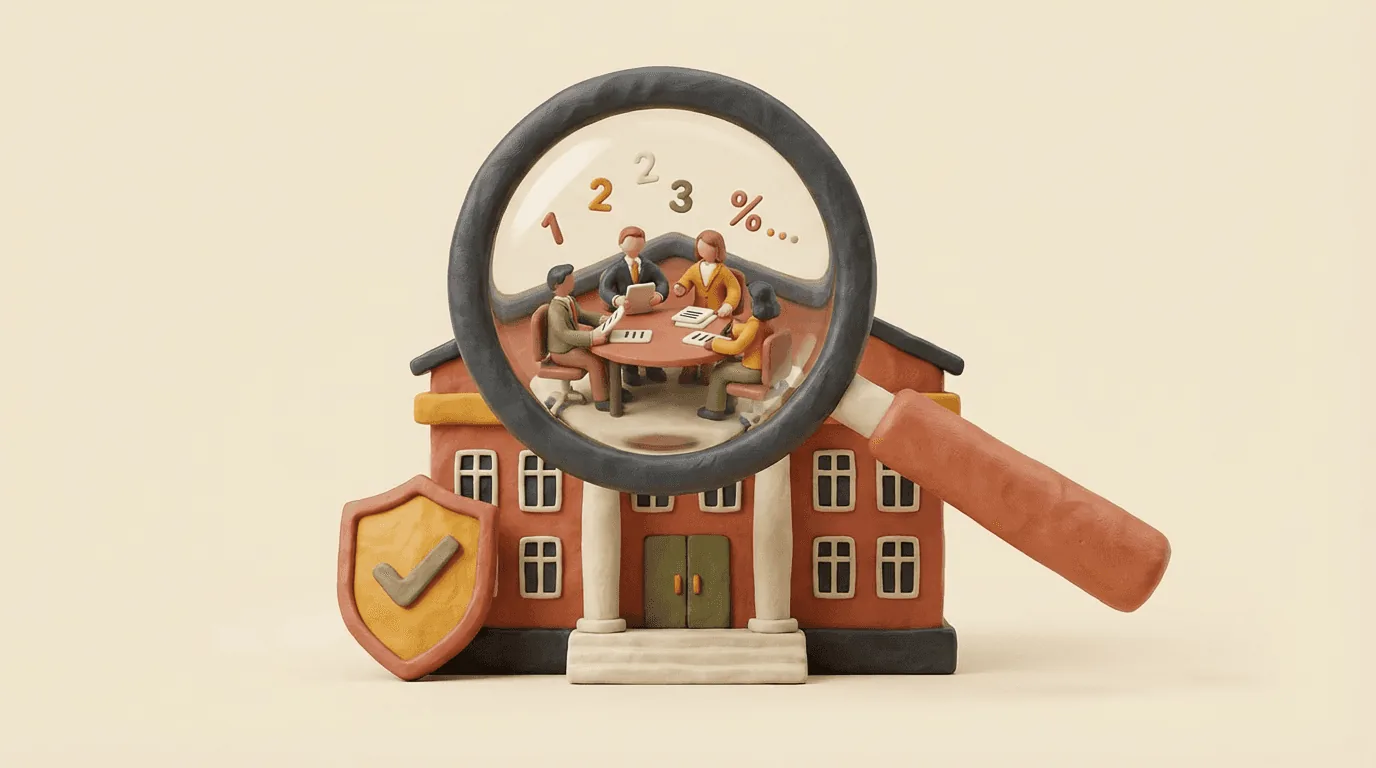 Illustrazione in creta: una grande lente d'ingrandimento inquadra un edificio, rivelando un orologio e un simbolo di percentuale, con uno scudo e un segno di spunta