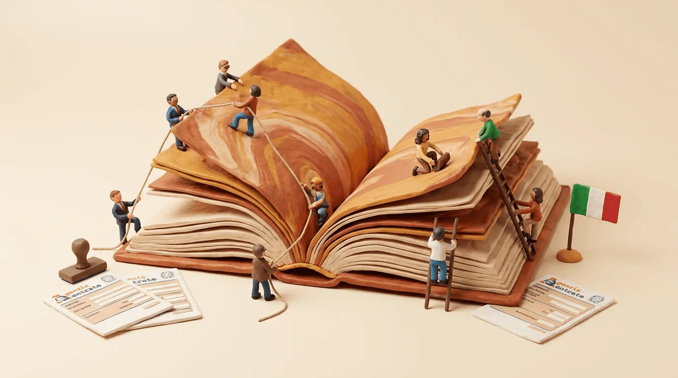 Illustrazione in creta: un grande libro aperto su cui piccole figure si arrampicano con scale e corde, con moduli e una bandiera italiana ai piedi