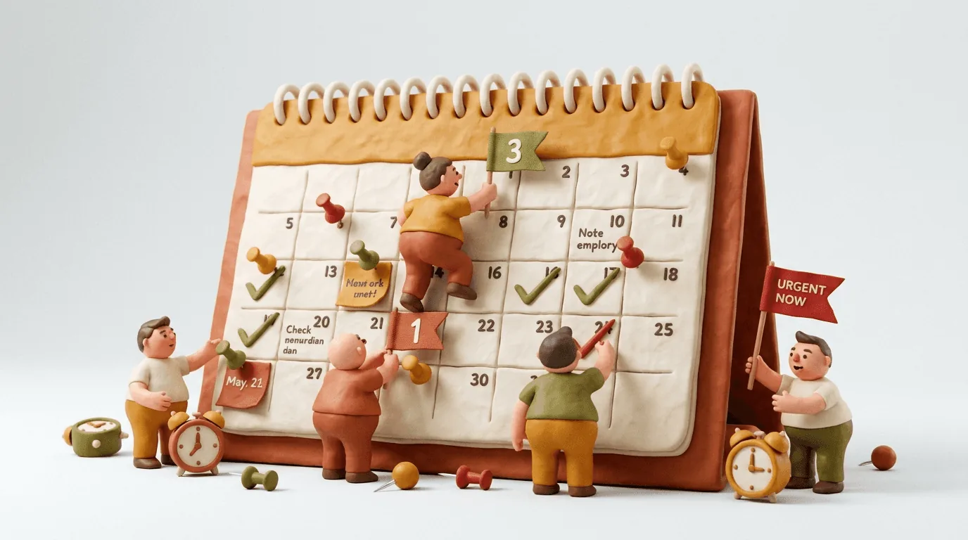 Illustrazione in creta: un calendario da tavolo di grandi dimensioni su cui piccole figure si arrampicano segnando le date, con orologi ai piedi