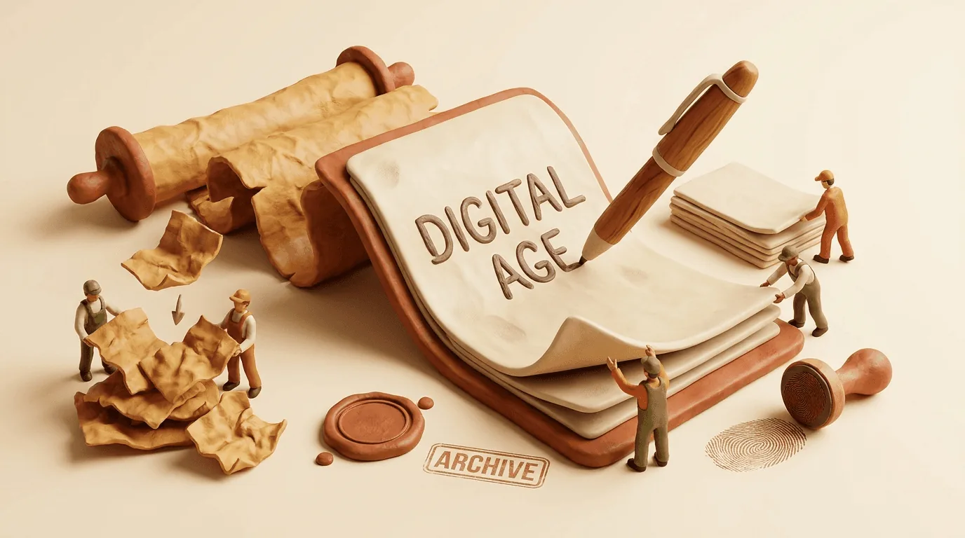 Illustrazione in creta: un grande rotolo di carta con le scritte Digital Age e Archive, una penna e figure che lo srotolano