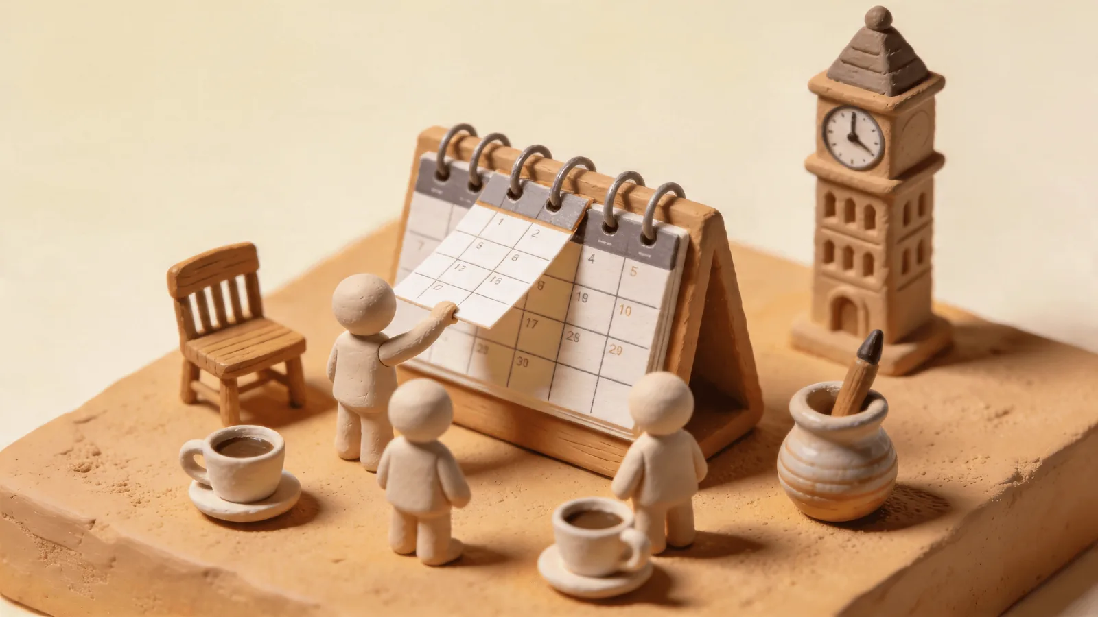 Illustrazione in creta: un calendario, una torre dell’orologio e tazzine da caffè